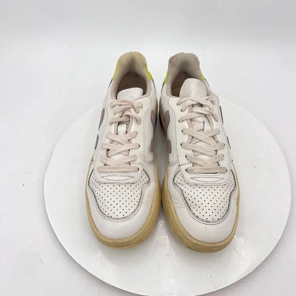 Veja V-10 Women Sz 6 White Neon Leather Brown Stitch V Logo Suede Training Shoes